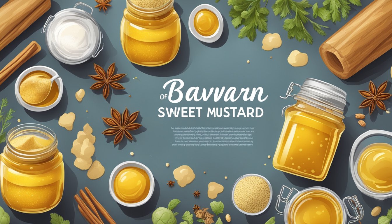 A jar of bavarian sweet mustard surrounded by various ingredients like honey, vinegar, and spices on a kitchen counter