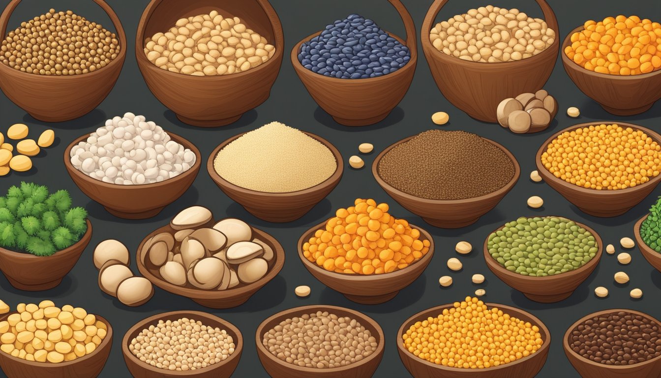 A variety of grains and legumes, such as quinoa, lentils, and chickpeas, are arranged alongside beech mushrooms as substitutes in a colorful and vibrant display