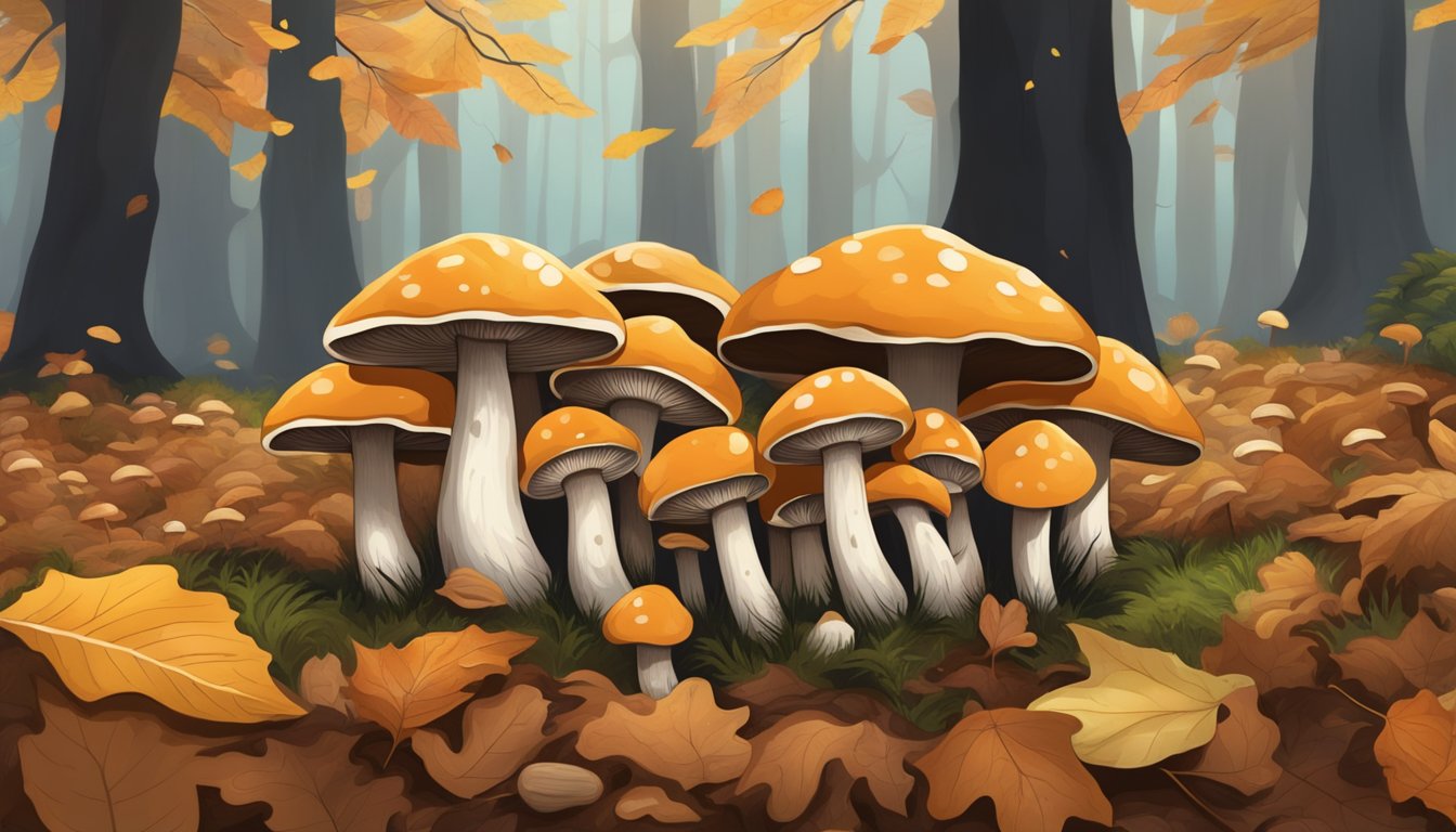 A cluster of beech mushrooms nestled among fallen leaves in a forest clearing