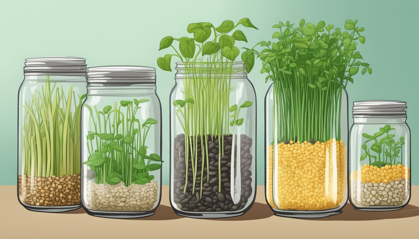 Bean sprouts growing in a glass jar, surrounded by other potential substitutes like alfalfa and lentils