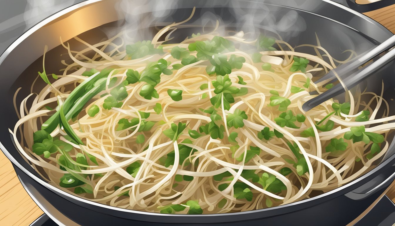 Bean sprouts sizzling in a wok with garlic, ginger, and soy sauce. Steam rising, adding crunch to a stir-fry dish