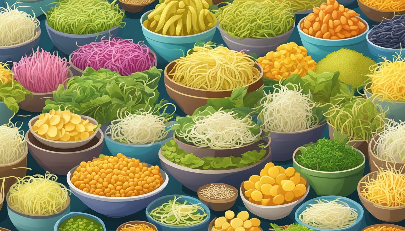 A variety of specialty and less common substitutes for bean sprouts arranged in a colorful and vibrant display