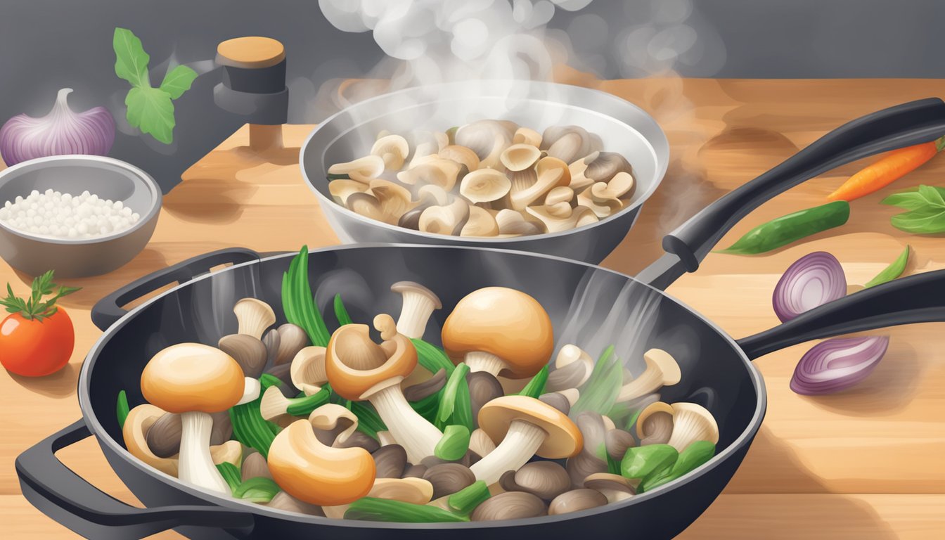 Sautéing beech mushrooms in a sizzling pan, steam rising. Chopping and seasoning, adding to a stir-fry with vibrant vegetables