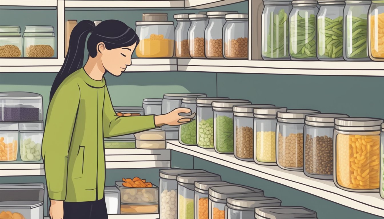 A person selects and stores various bean sprout substitutes in a kitchen pantry or refrigerator