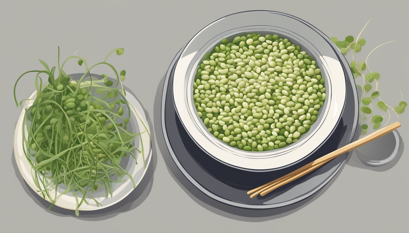 A bowl of mung beans soaking in water, a colander filled with sprouting beans, and a plate of fresh bean sprouts