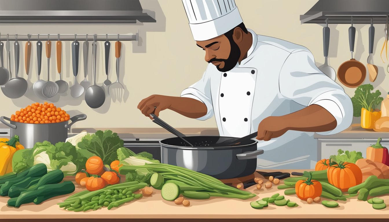 A chef chops and sautés a variety of vegetables as a pot of beans simmers on the stove. Alternatives like lentils and chickpeas sit nearby