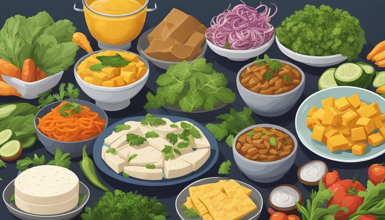 A table set with a variety of non-beef substitutes such as tofu, seitan, and jackfruit, surrounded by colorful vegetables and herbs