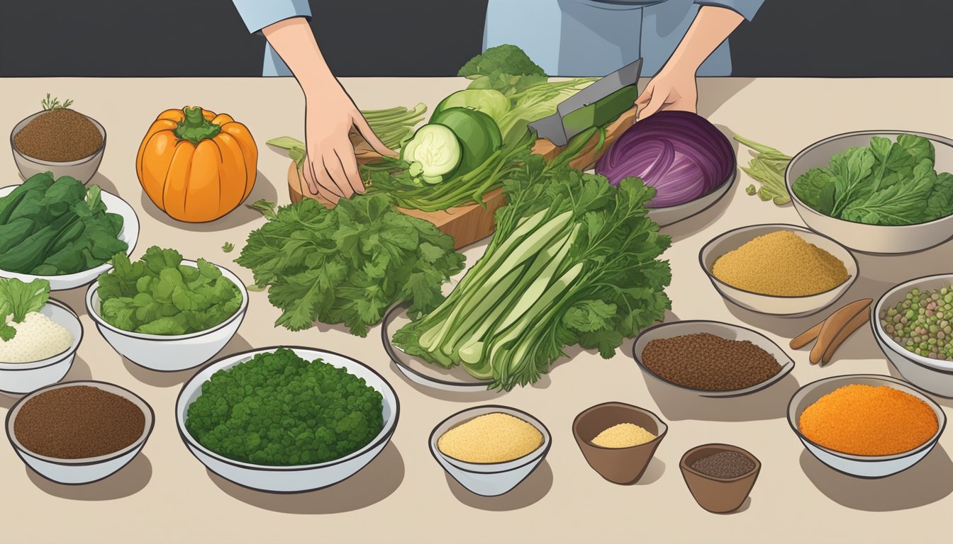 A variety of vegetables, herbs, and spices are being chopped, mixed, and seasoned in preparation for a rich and flavorful meal, serving as substitutes for beef roast