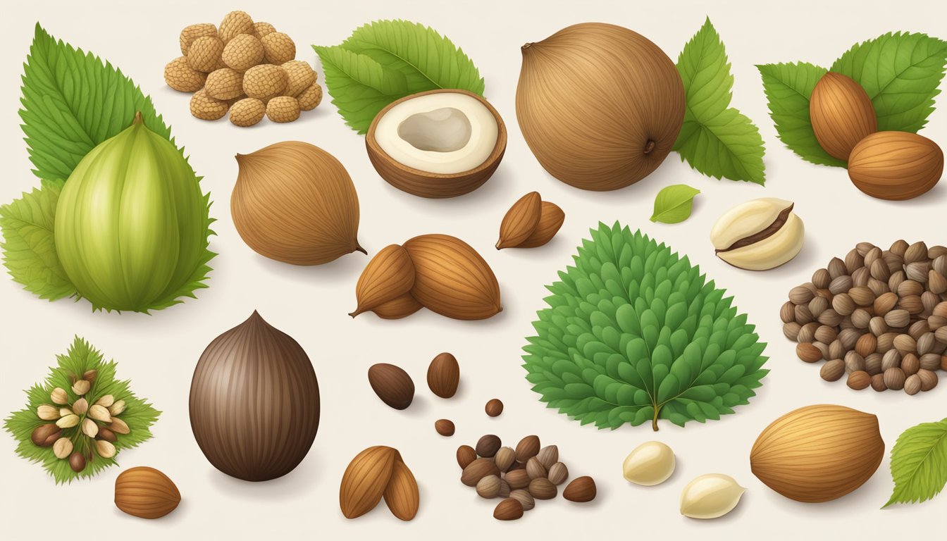 A variety of beechnut substitutes arranged in a natural setting, including nuts, seeds, and fruits