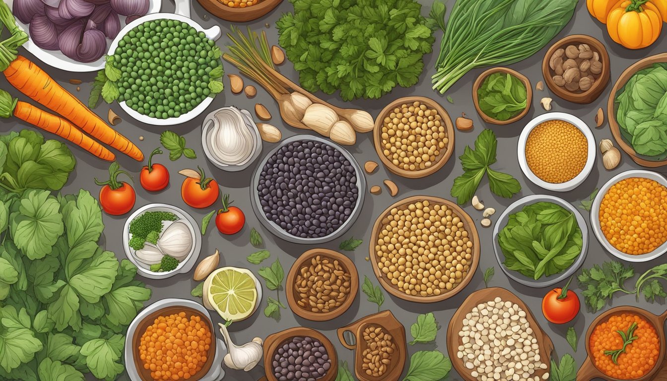 A table set with a variety of colorful and appetizing plant-based ingredients, such as lentils, mushrooms, and vegetables, surrounded by herbs and spices