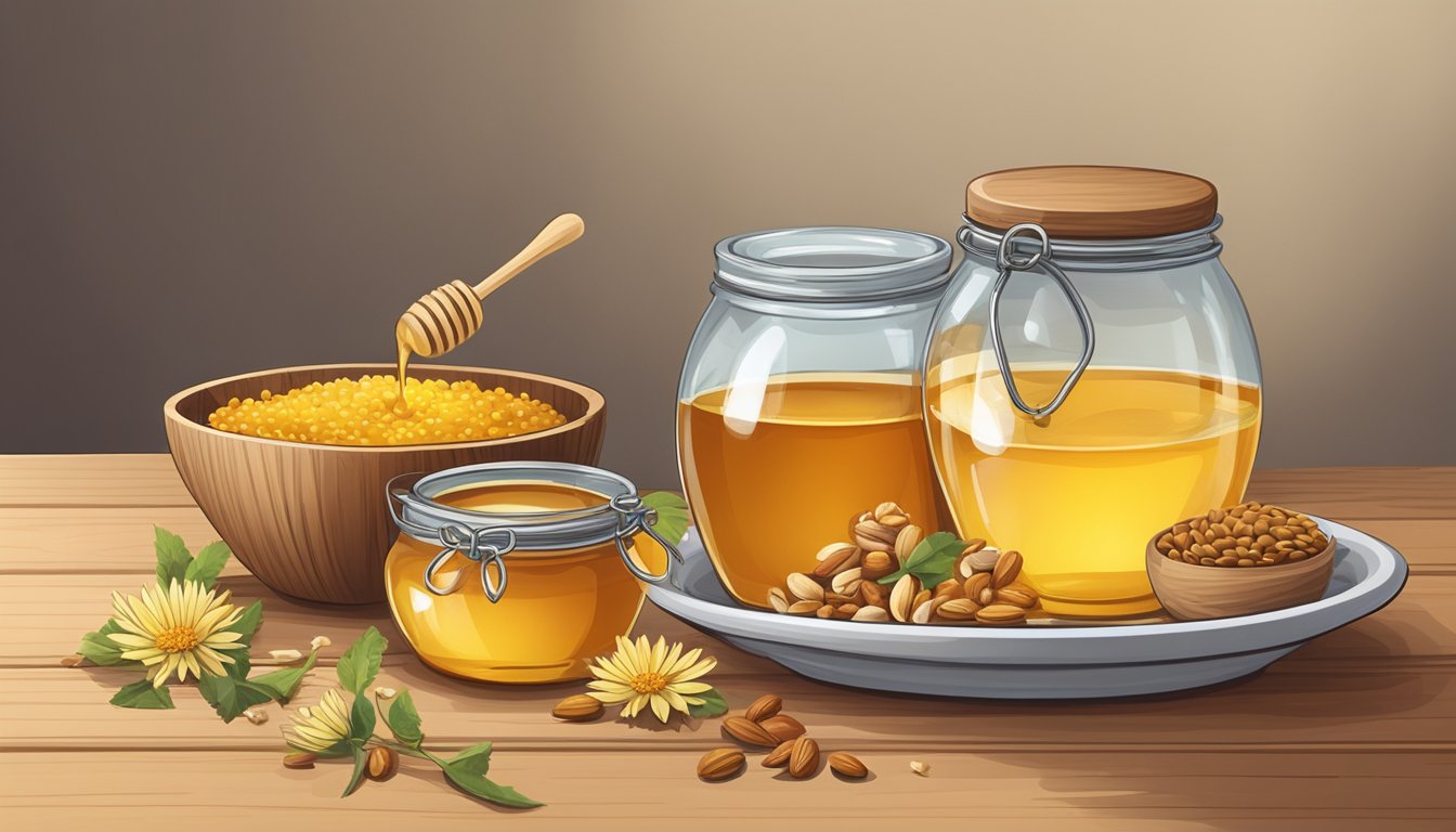 A jar of honey, a cluster of flowers, and a bowl of mixed seeds and nuts sit on a wooden table