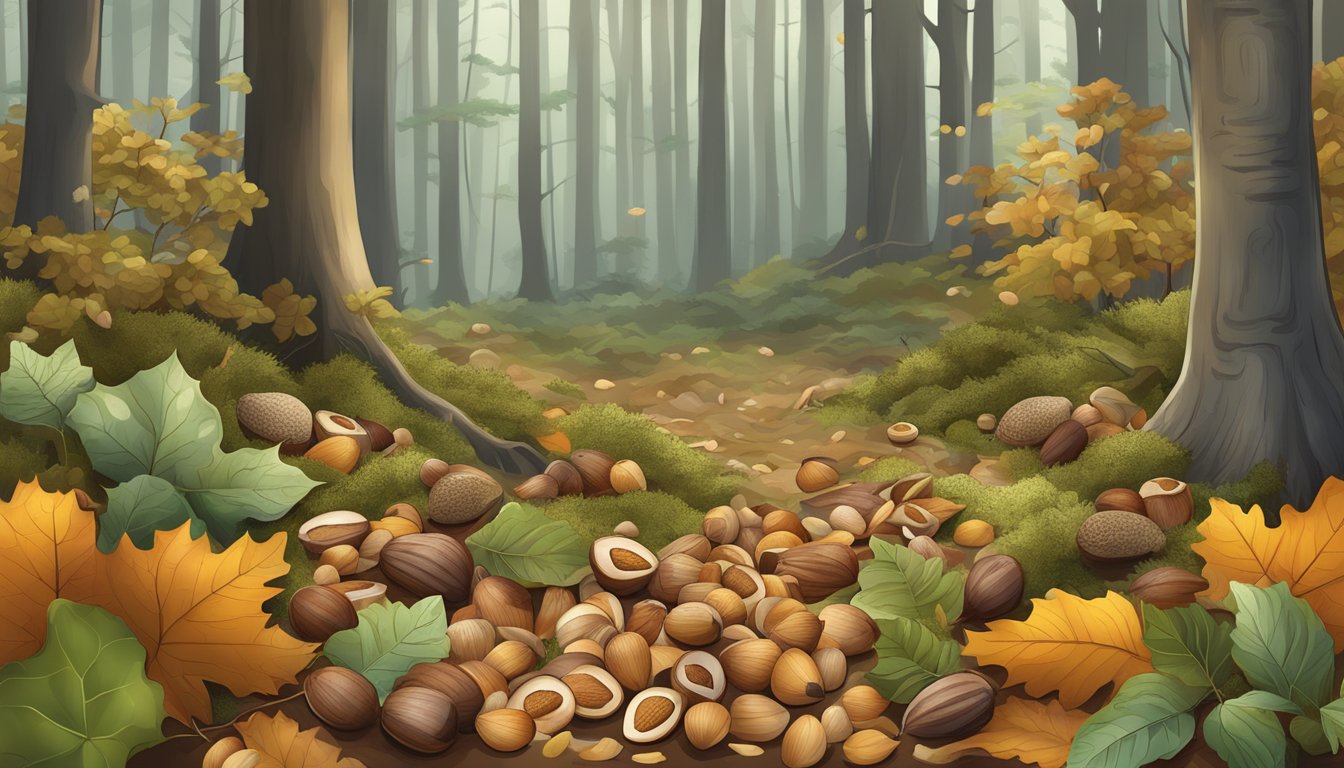 A lush forest floor with fallen beech nuts surrounded by various alternative nuts and seeds