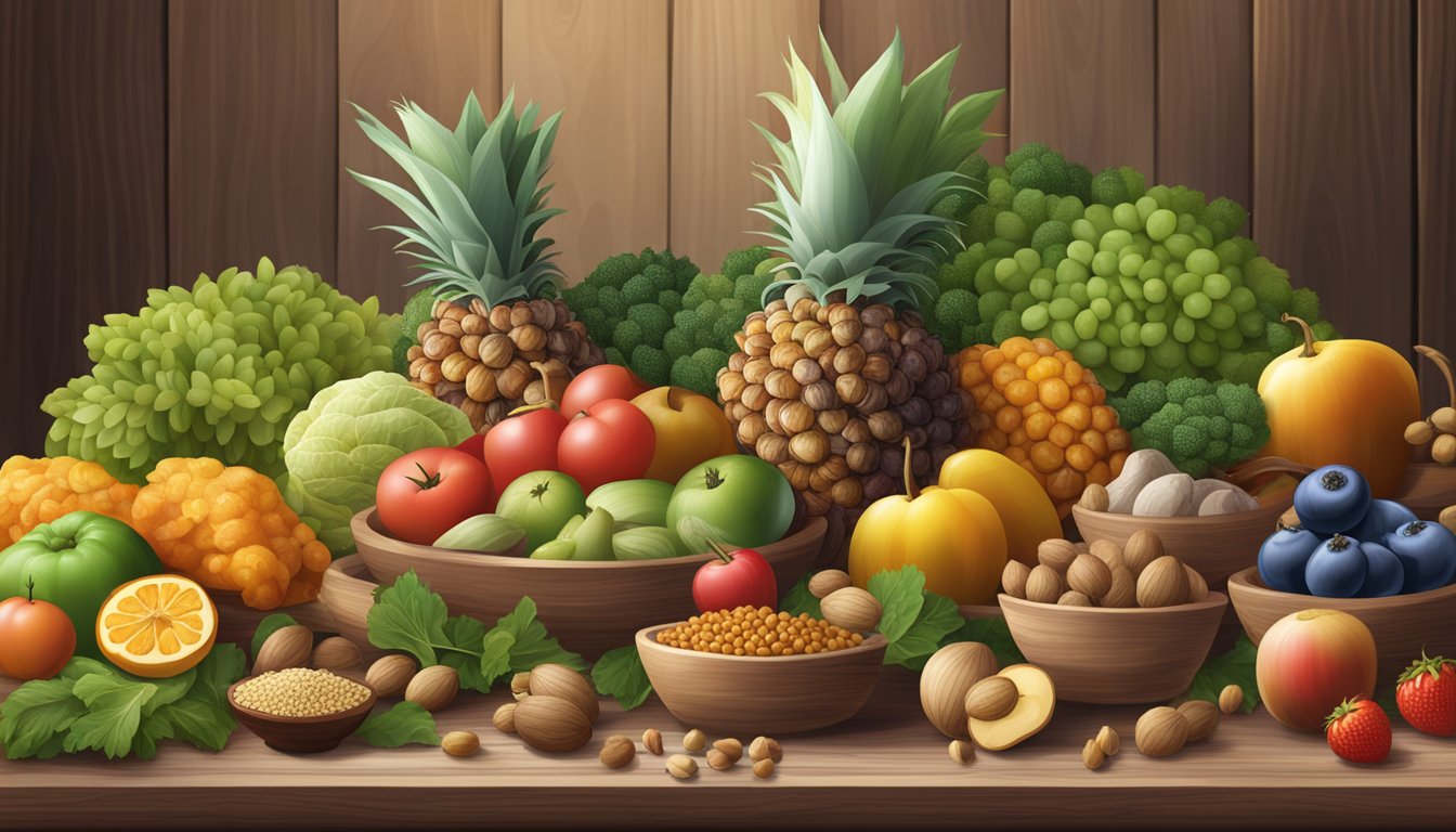 A variety of beechnuts and their substitutes arranged on a wooden table, surrounded by fresh fruits and vegetables