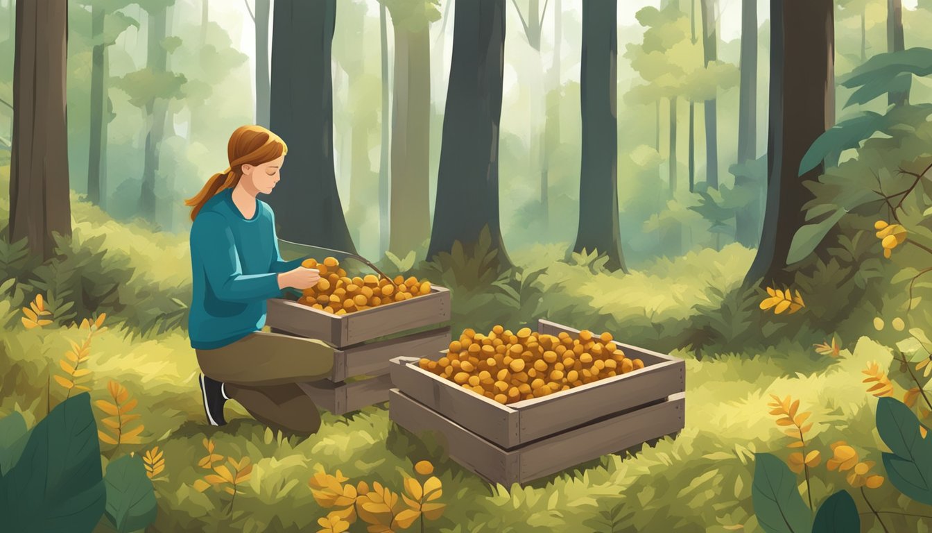 A person collecting and storing beechnuts and other natural substitutes in a wooden crate in a forest clearing