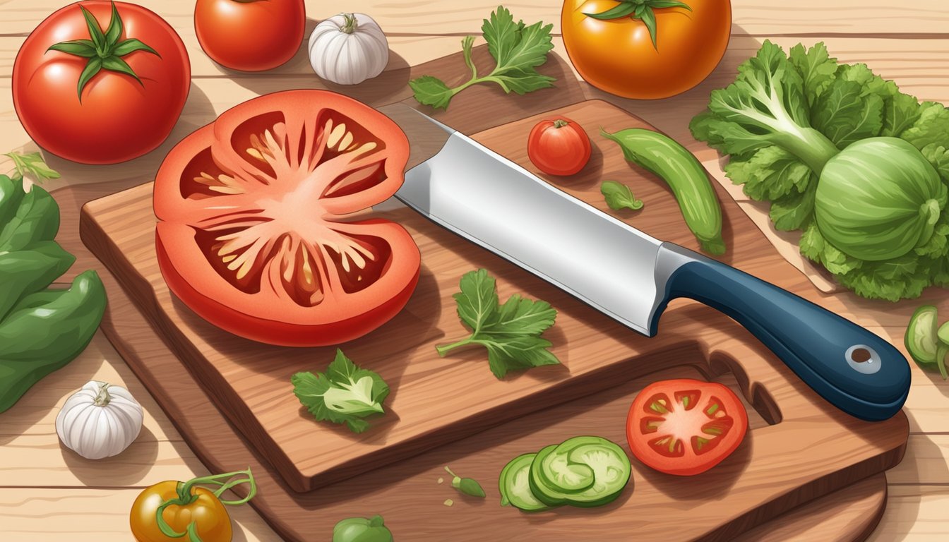 A beefsteak tomato being sliced with a knife on a wooden cutting board, surrounded by other fresh vegetables