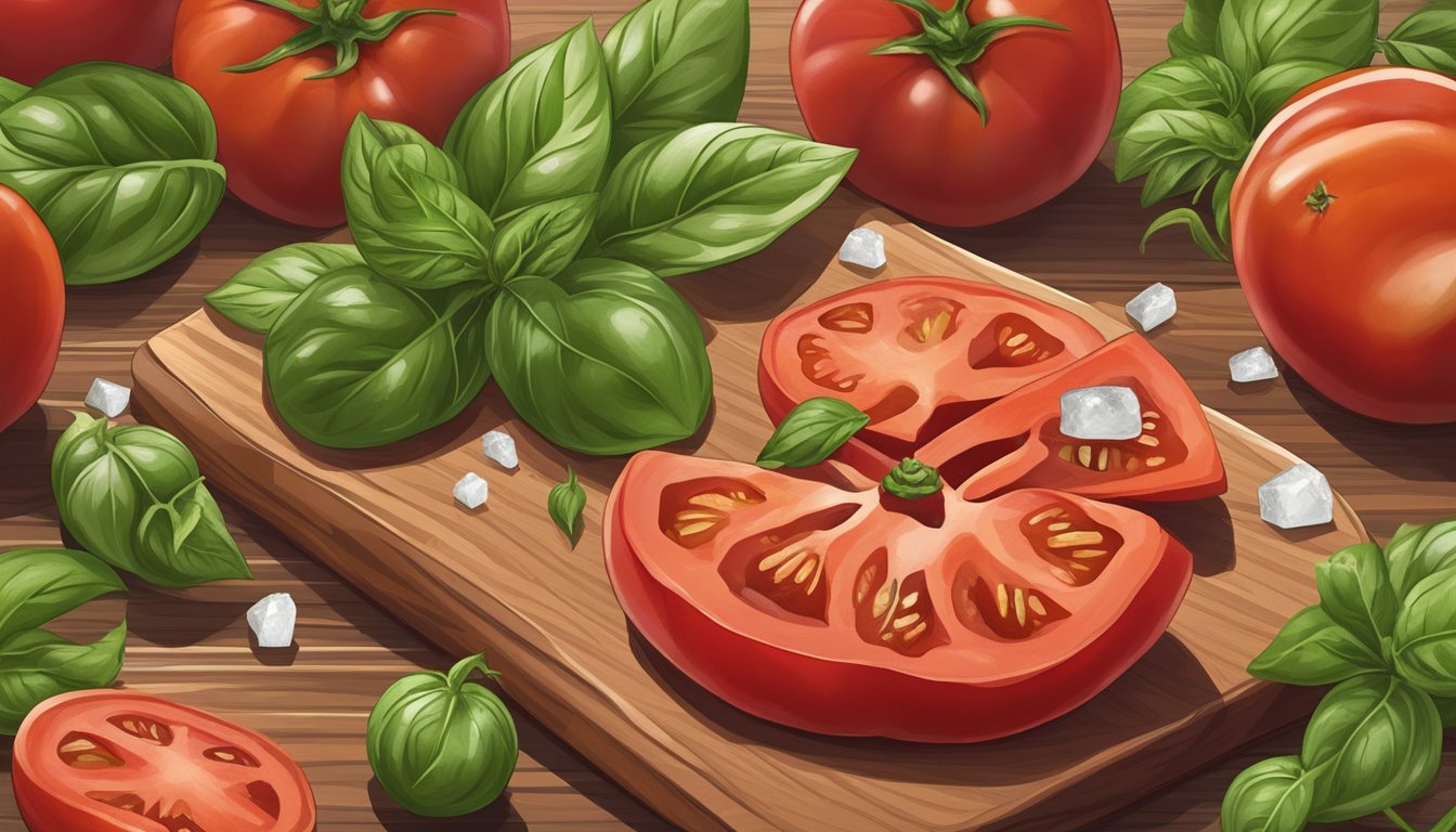 A variety of beefsteak tomatoes, sliced and arranged on a wooden cutting board, surrounded by fresh basil leaves and a sprinkling of sea salt