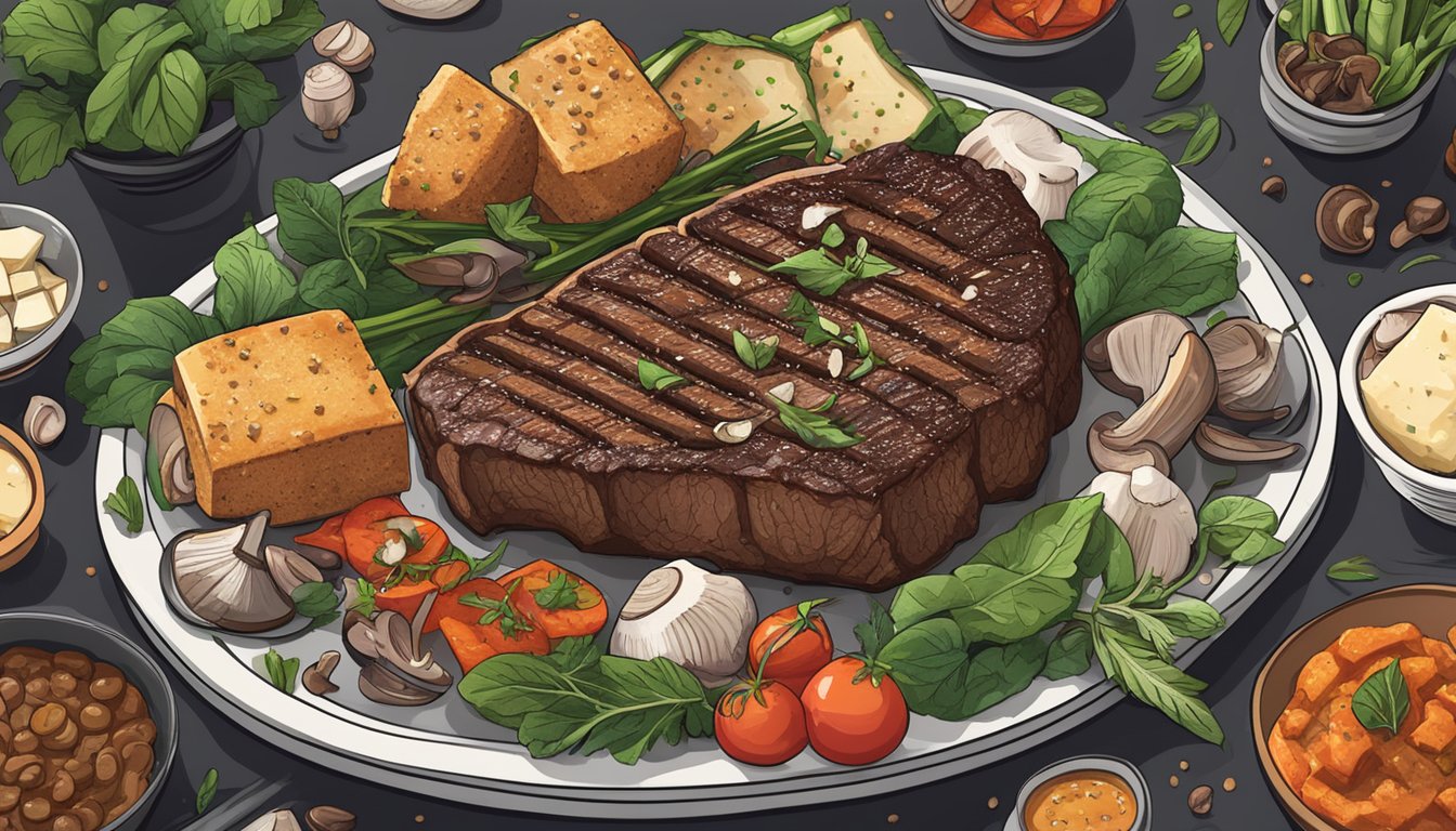 A sizzling beef steak on a grill, surrounded by various plant-based ingredients like mushrooms, tofu, and seitan