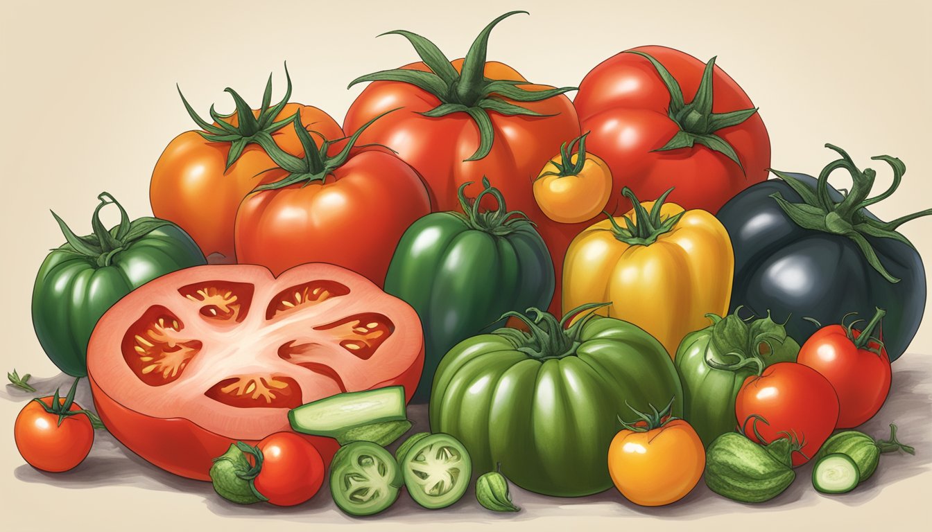 A pile of beefsteak tomatoes surrounded by various substitute options like cherry tomatoes, bell peppers, and zucchinis