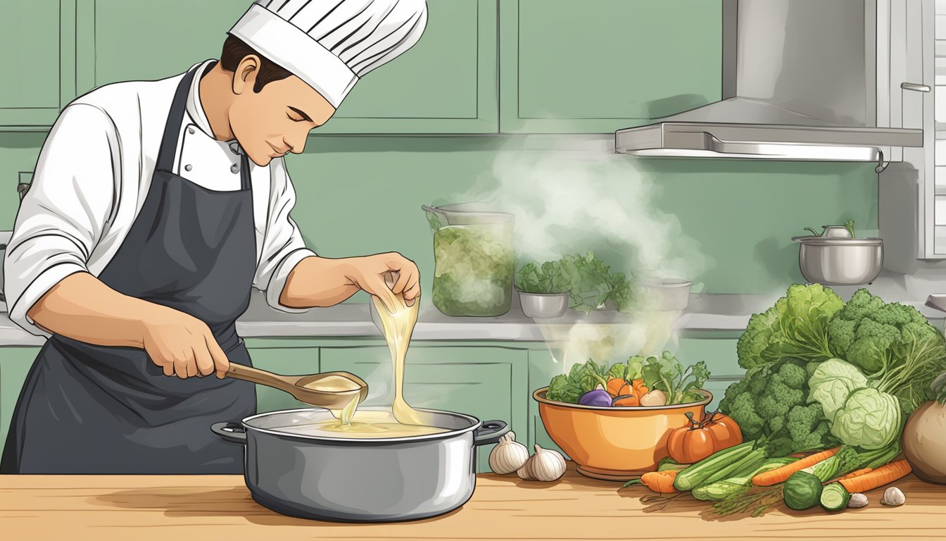 A chef pouring a ladle of vegetable broth into a pot labeled "International Substitutes" while cooking