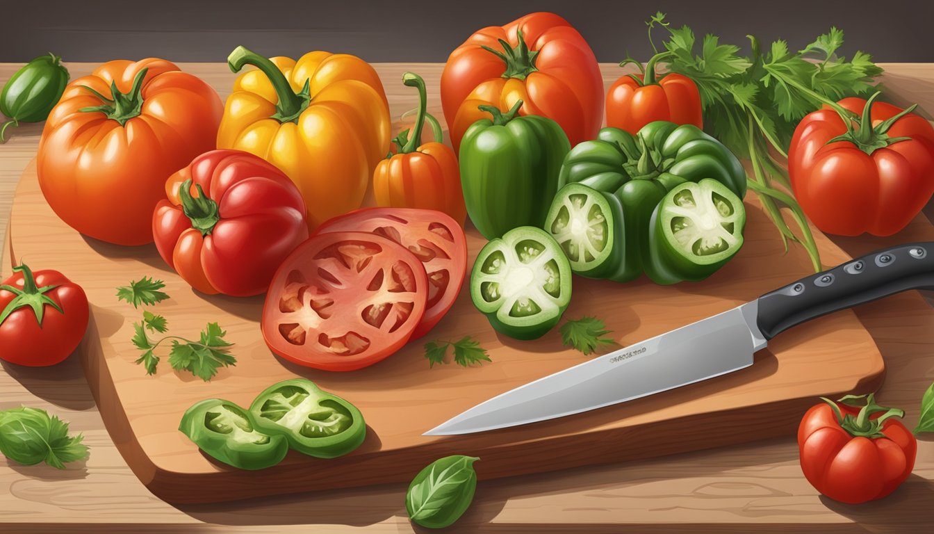 A colorful assortment of beefsteak tomatoes and their substitutes, such as bell peppers and carrots, arranged on a cutting board with a knife nearby