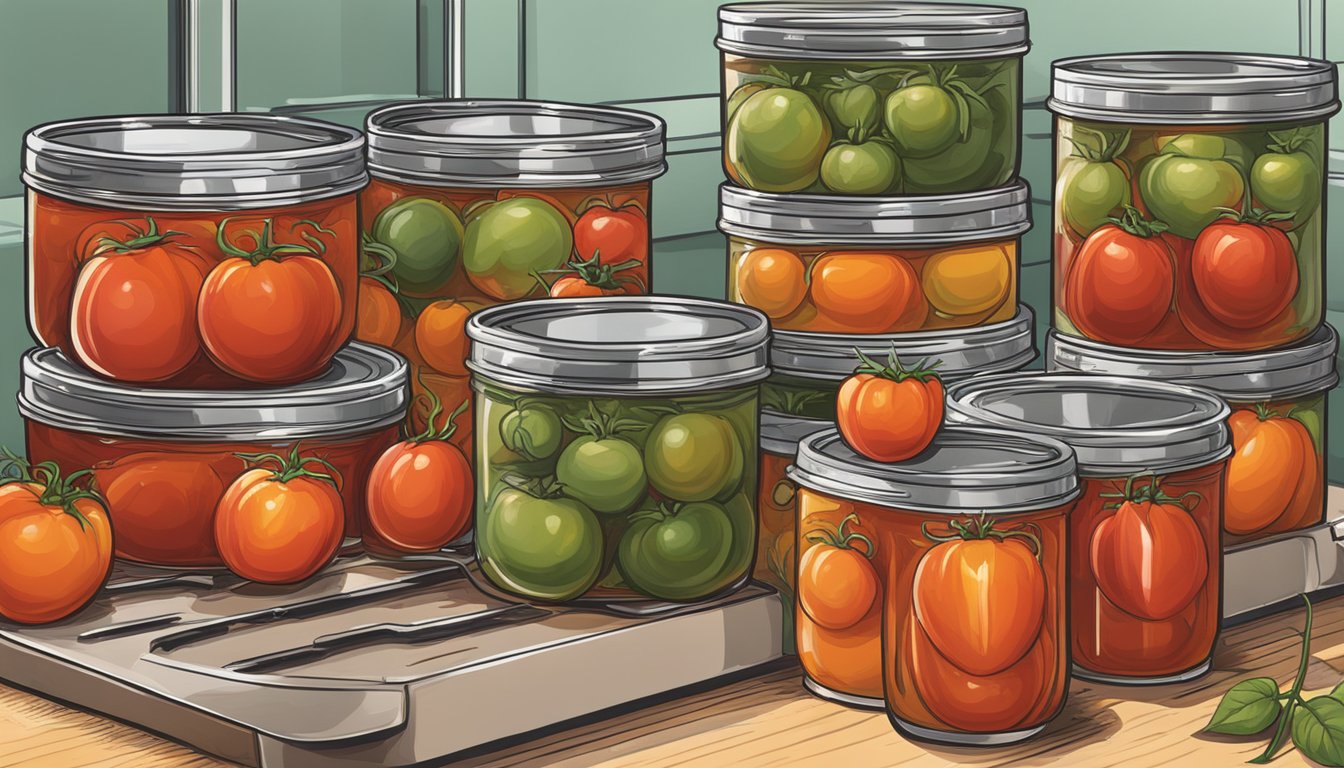 Beefsteak tomatoes being canned and preserved in a kitchen setting