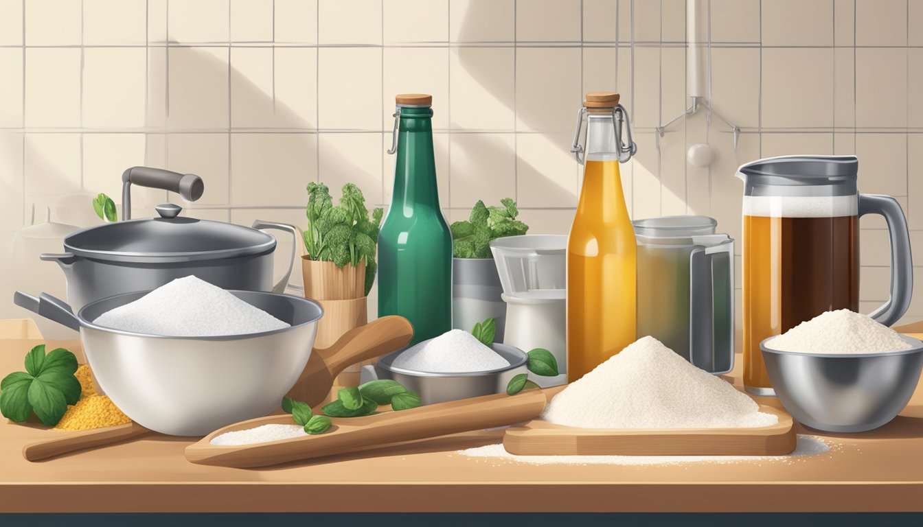 A kitchen counter with ingredients like flour, beer, and sugar, along with mixing bowls and measuring utensils