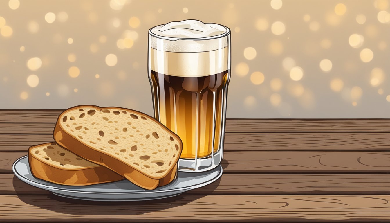 A glass of carbonated drink next to a loaf of beer bread on a rustic wooden table