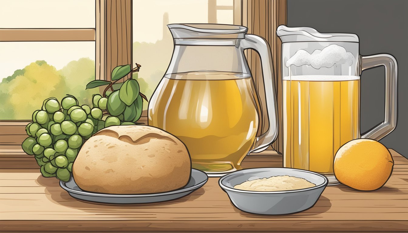 A pitcher of fruit juice and vinegar sits next to a bowl of beer bread dough, ready to be mixed as a substitute