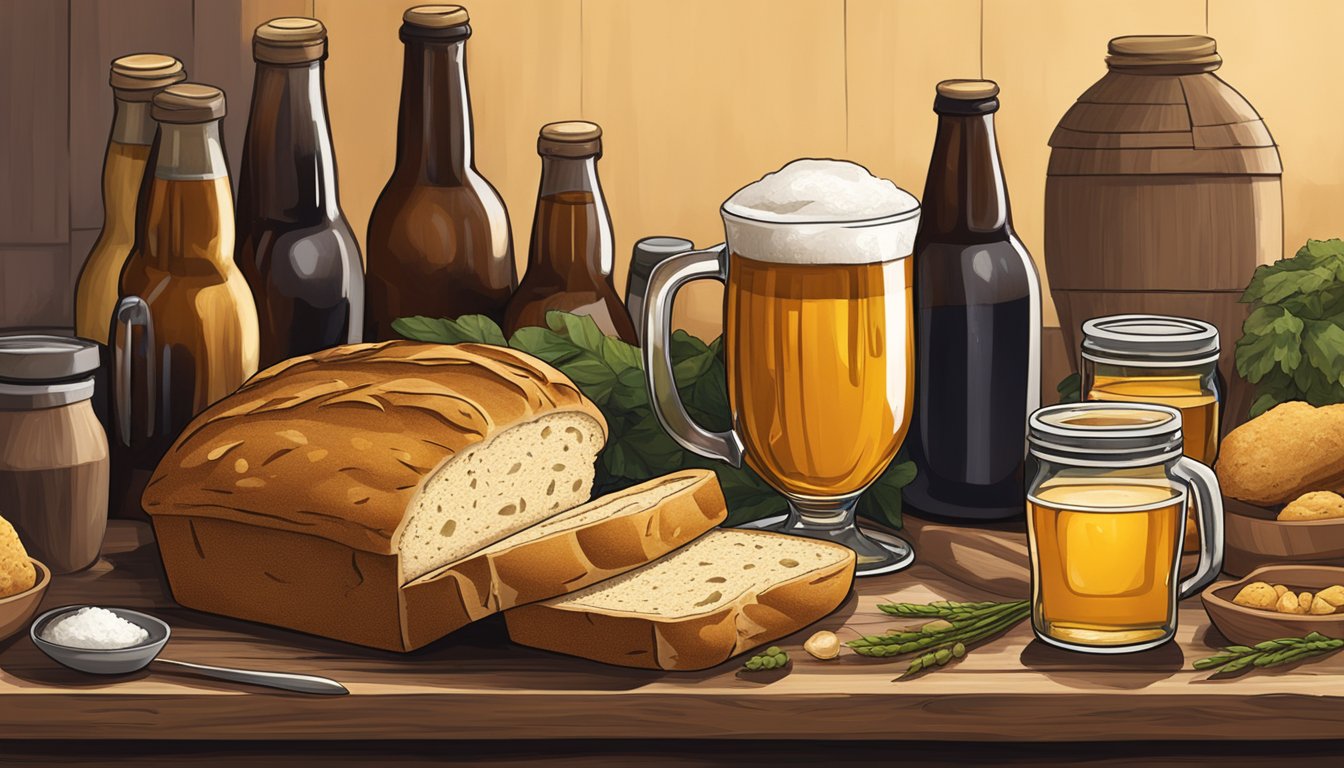 A loaf of beer bread sits on a wooden cutting board, surrounded by jars of stocks and broth. The warm, golden crust of the bread contrasts with the dark, rich colors of the liquid ingredients