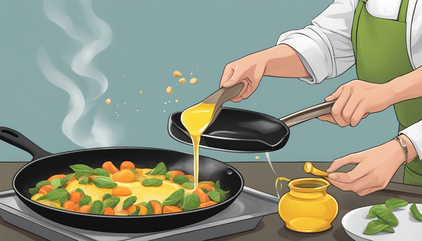 A chef pouring plant-based oil into a sizzling skillet, replacing beef tallow