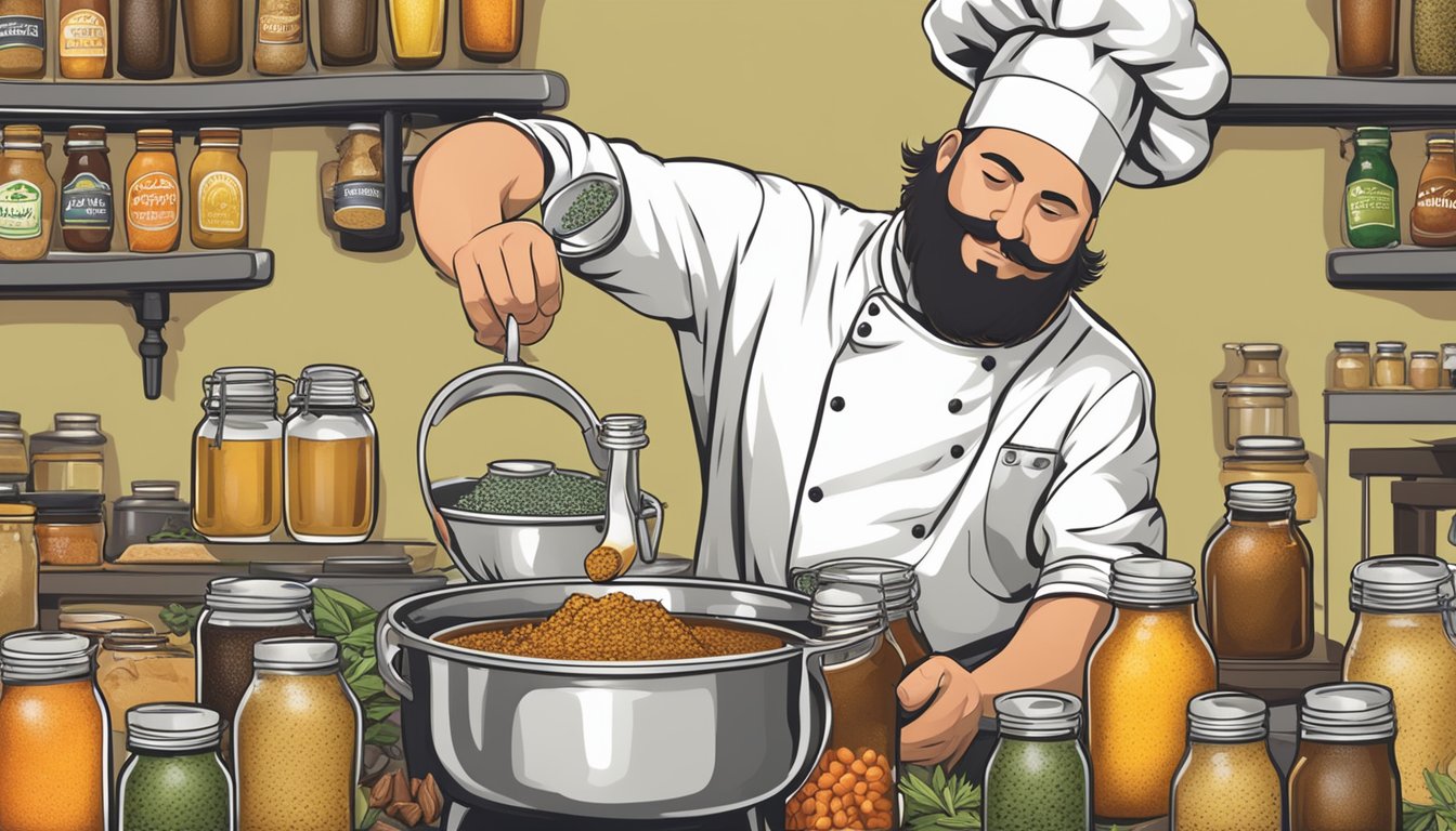 A chef pouring various beer substitutes into a pot of simmering sauce, surrounded by jars of spices and herbs