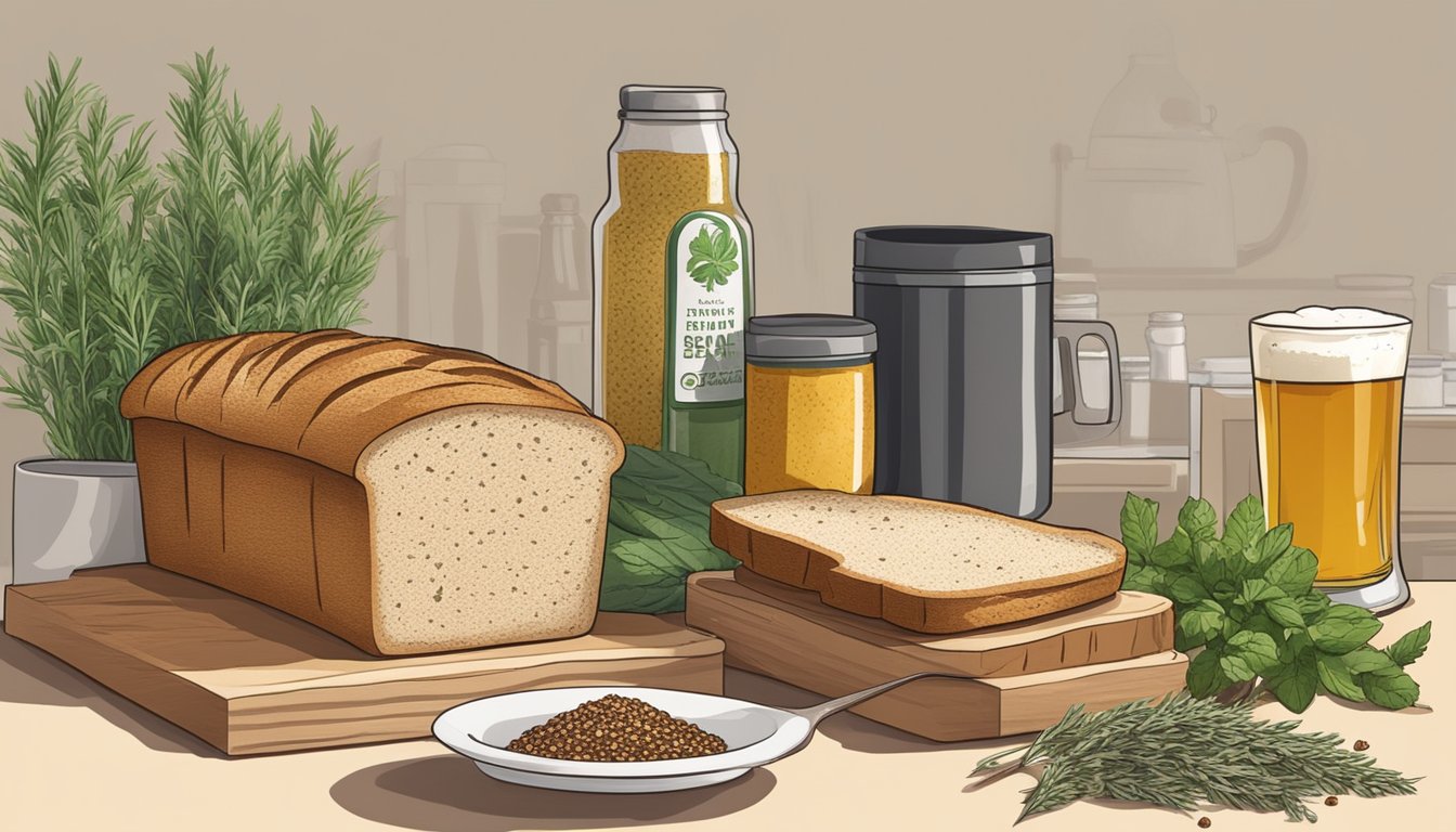 A kitchen counter with various ingredients such as herbs, spices, and grains arranged next to a loaf of beer bread