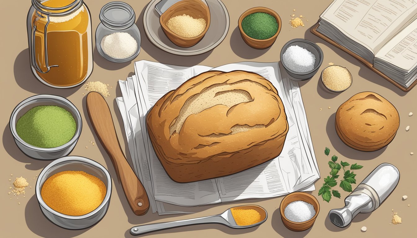 A loaf of beer bread surrounded by various substitute ingredients such as flour, baking powder, and sugar, with a detailed guide book open to the recipe page