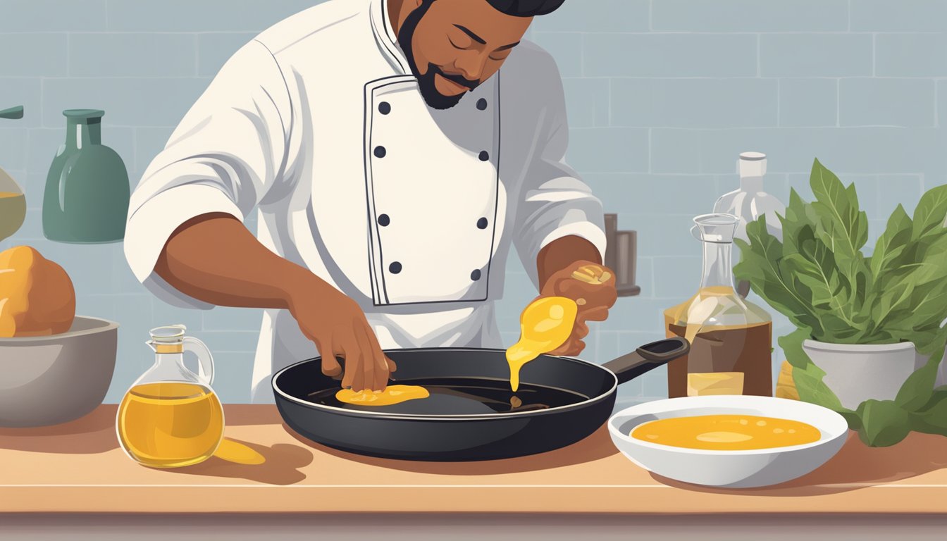 A chef pouring plant-based oil into a sizzling pan, with a bowl of beef tallow alternatives nearby