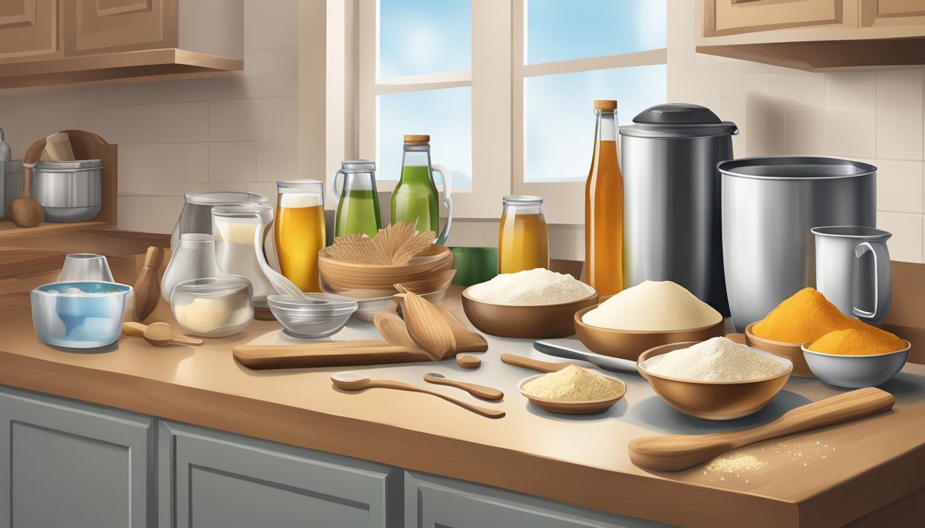 A kitchen counter with various ingredients and tools for baking, including flour, yeast, beer, and mixing bowls