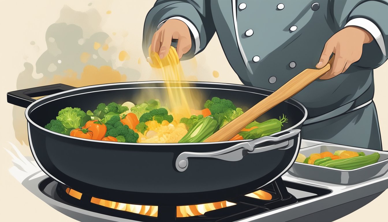 A chef sautéing vegetables in a pan with a splash of vegetable broth instead of beer. The steam rises as the vegetables sizzle in the pan