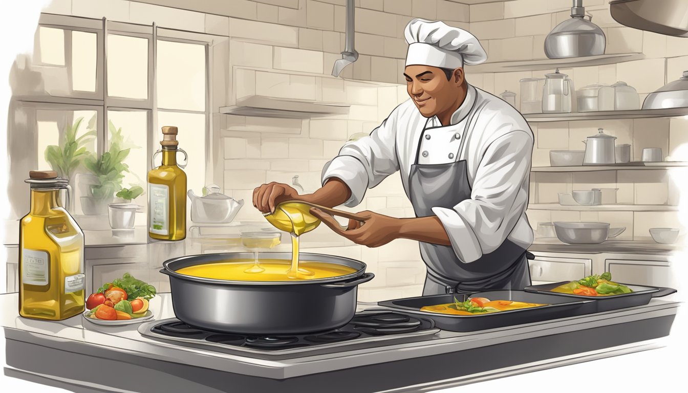 A chef pouring specialty fats and oils into a pan