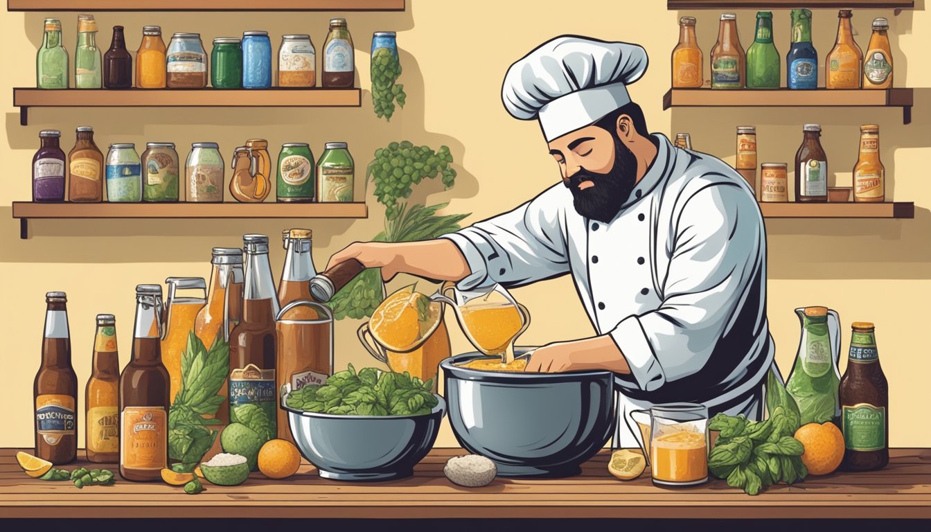 A chef pouring a creative beverage into a mixing bowl surrounded by various ingredients for beer substitutes