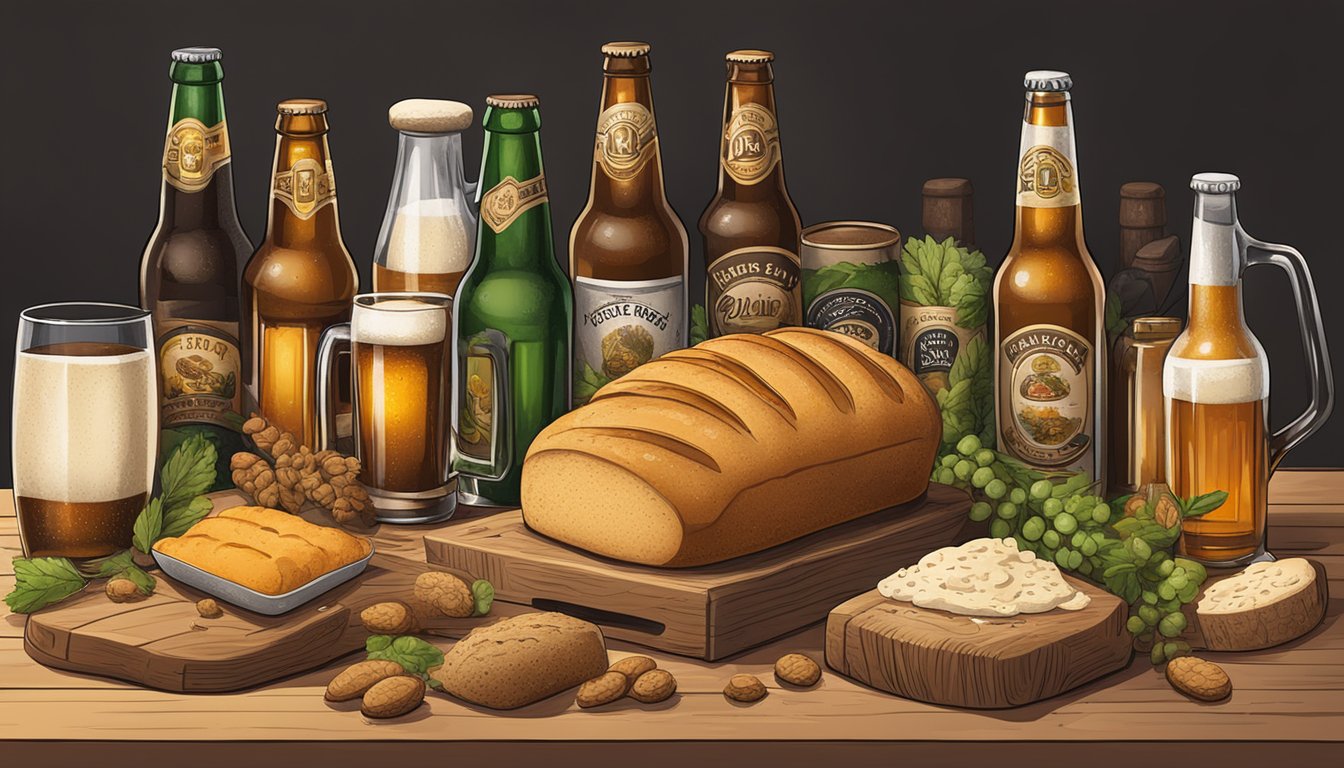 A table with various types of beer bread loaves surrounded by beer bottles and ingredients