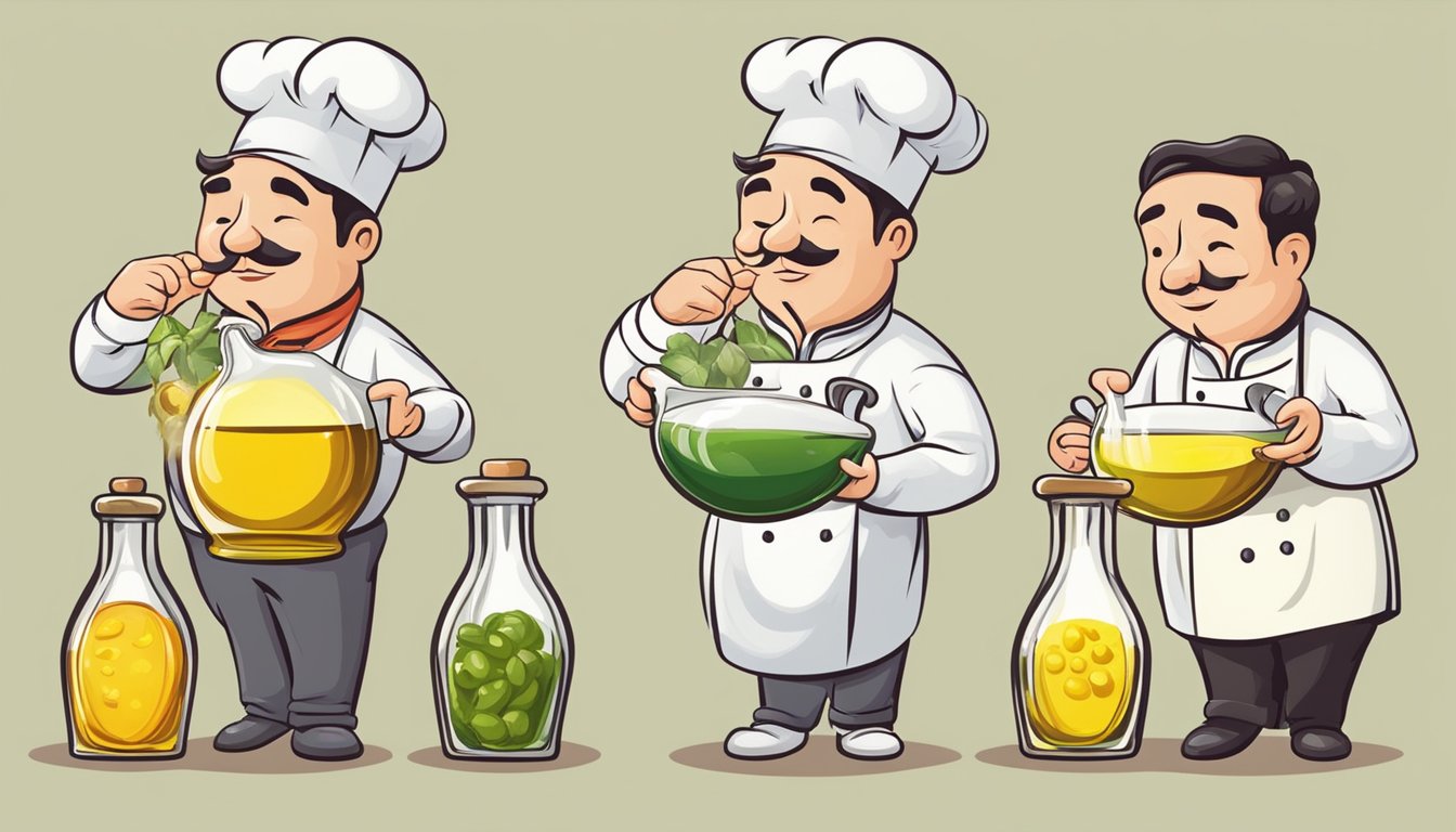 A chef choosing between various cooking oils for frying