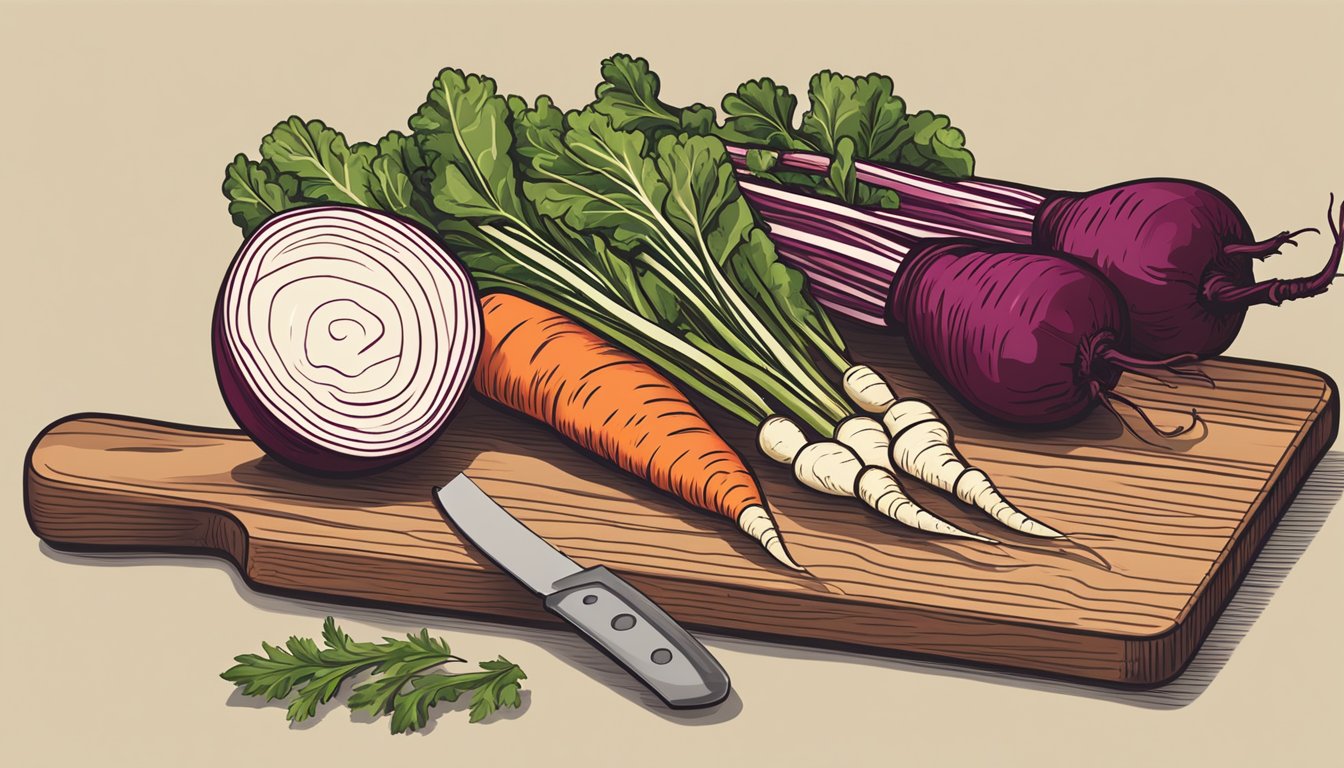 Beets, carrots, and parsnips arranged on a wooden cutting board with a chef's knife, ready to be chopped for cooking