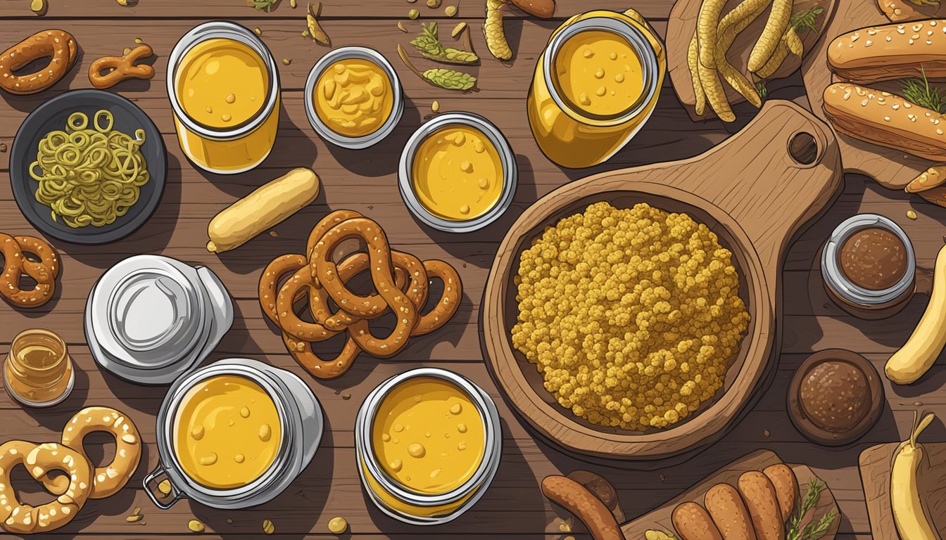 A jar of beer mustard sits next to a variety of mustards and beers on a wooden table, surrounded by pretzels and sausages