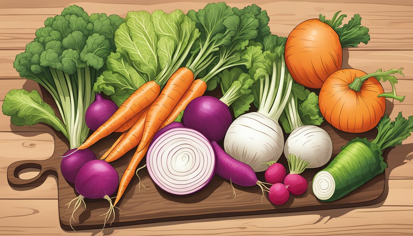 A colorful array of vegetables, including carrots, turnips, and radishes, are displayed on a wooden cutting board