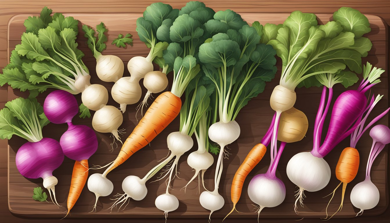 A variety of root vegetables like turnips, radishes, and carrots arranged on a wooden cutting board