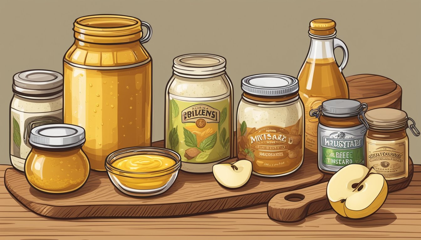 A jar of beer mustard sits next to a variety of secondary substitutes such as honey, Dijon mustard, and apple cider vinegar on a wooden cutting board