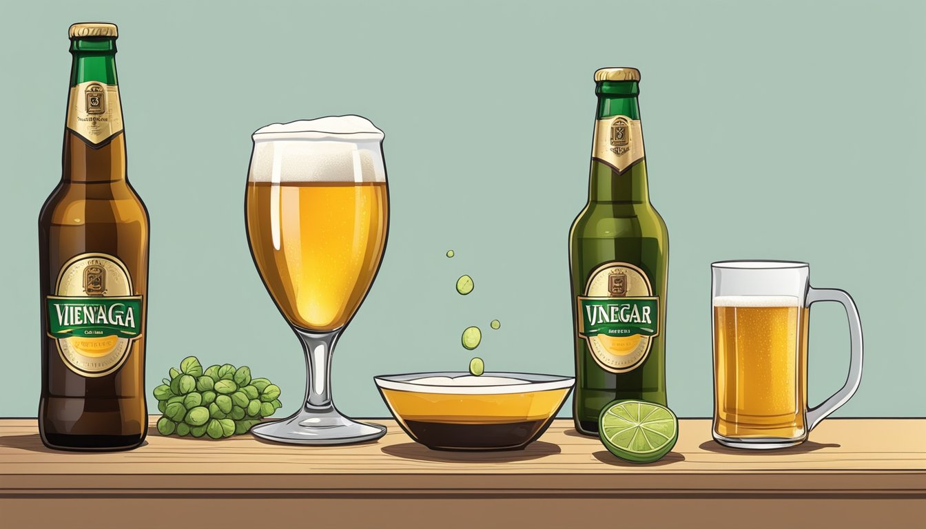 A glass of non-alcoholic beer being poured into a small bowl of vinegar, with a bottle of beer and a bottle of vinegar in the background