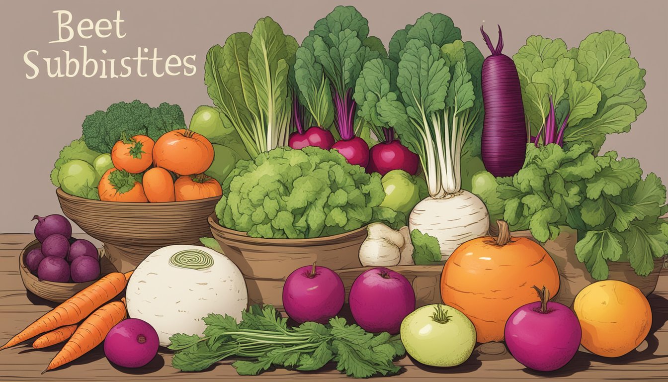 A variety of vegetables and fruits arranged on a table, including carrots, turnips, radishes, and apples, with a sign reading "Beet Substitutes" displayed prominently