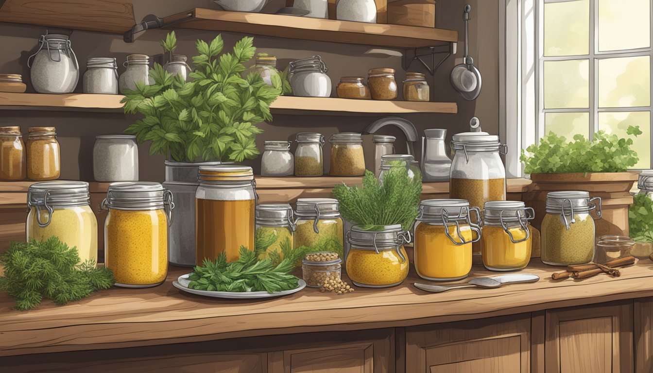 A rustic kitchen counter with jars of homemade beer mustard substitutes, surrounded by fresh herbs and spices