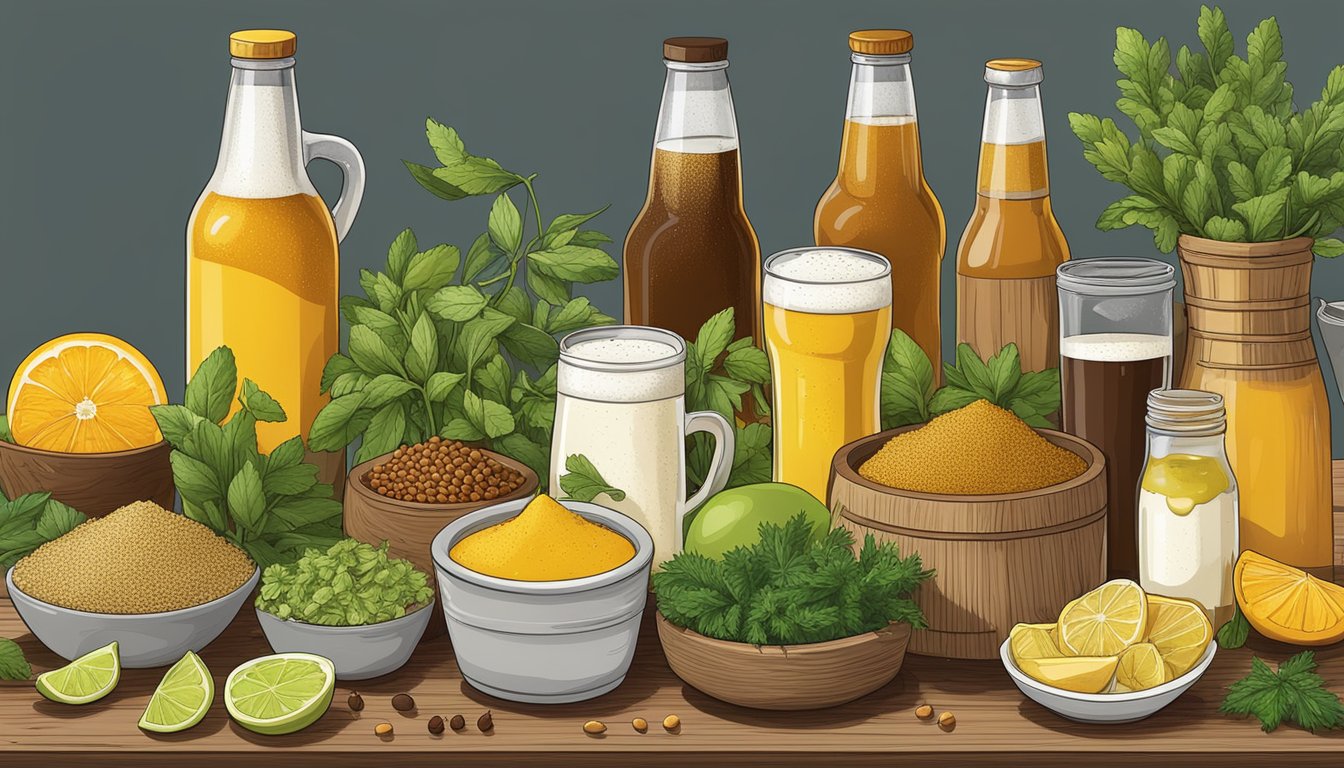 A variety of beers and mustard substitutes arranged on a wooden table, surrounded by fresh herbs, spices, and citrus fruits