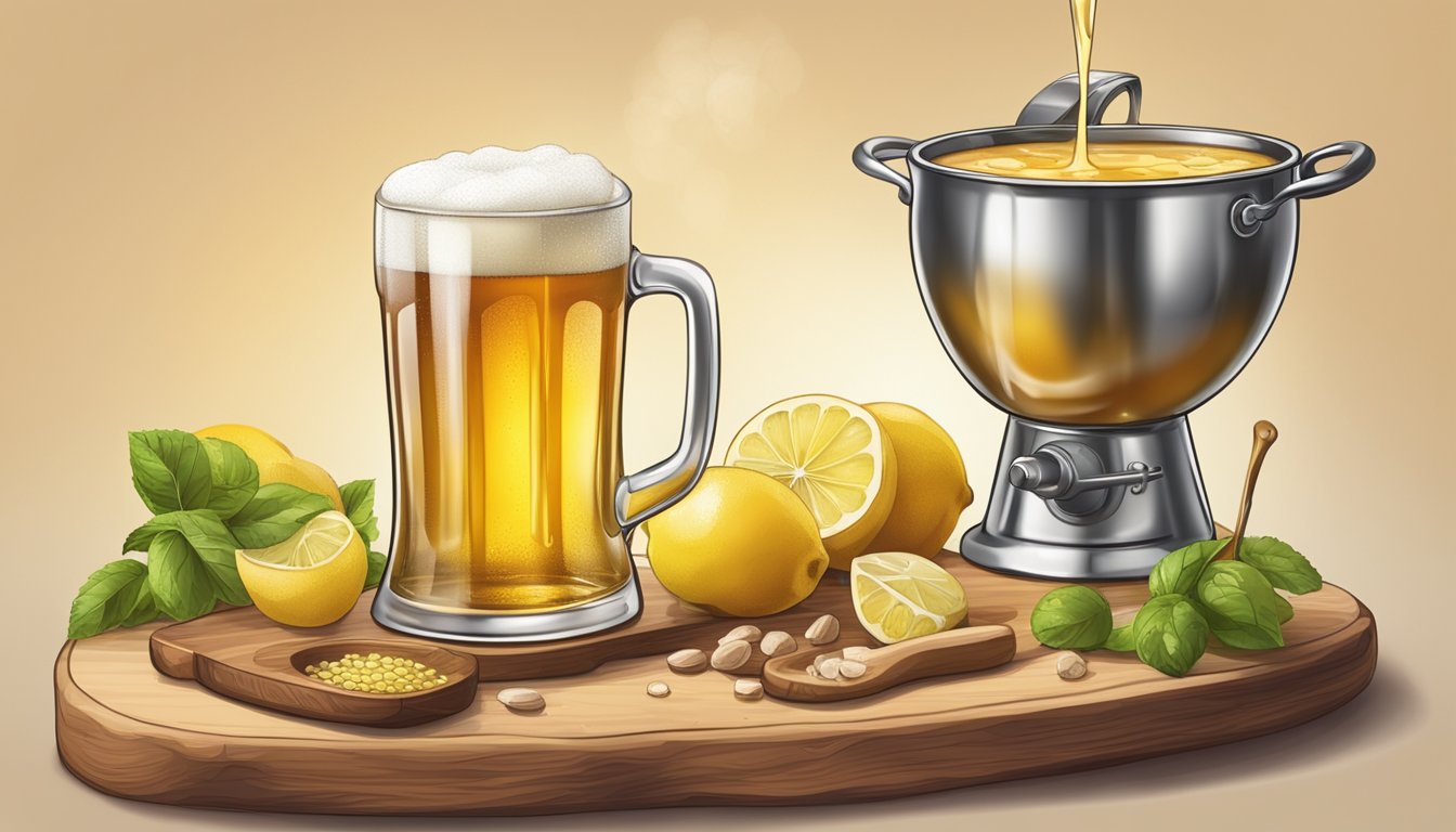 A glass of beer being poured into a cooking pot, with various alternative ingredients such as lemon juice and apple cider vinegar nearby